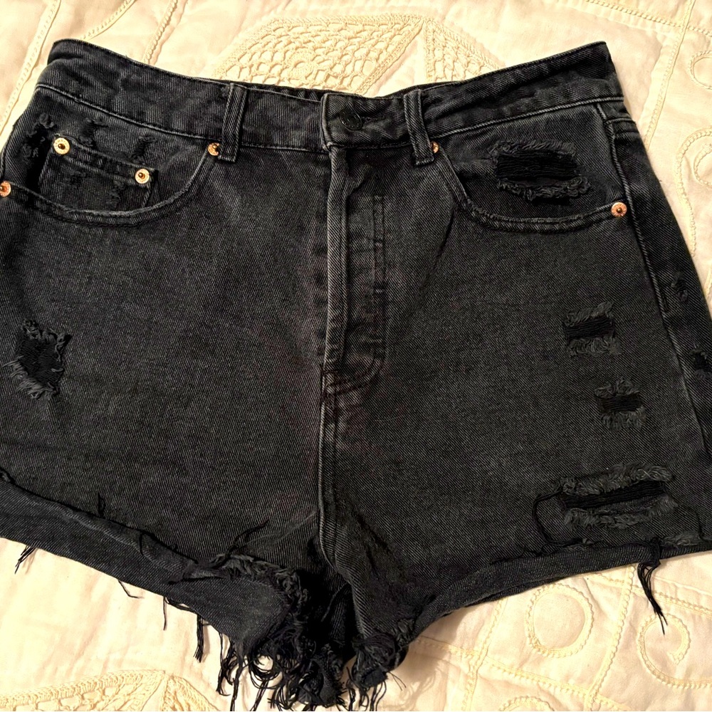 Distressed High Rise Black Grunge Denim Shorts